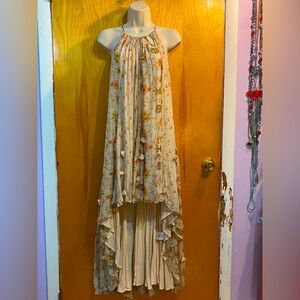 Gorgeous hi low summer dress,Free People,gauzy cotton dusty blue floral rosettes